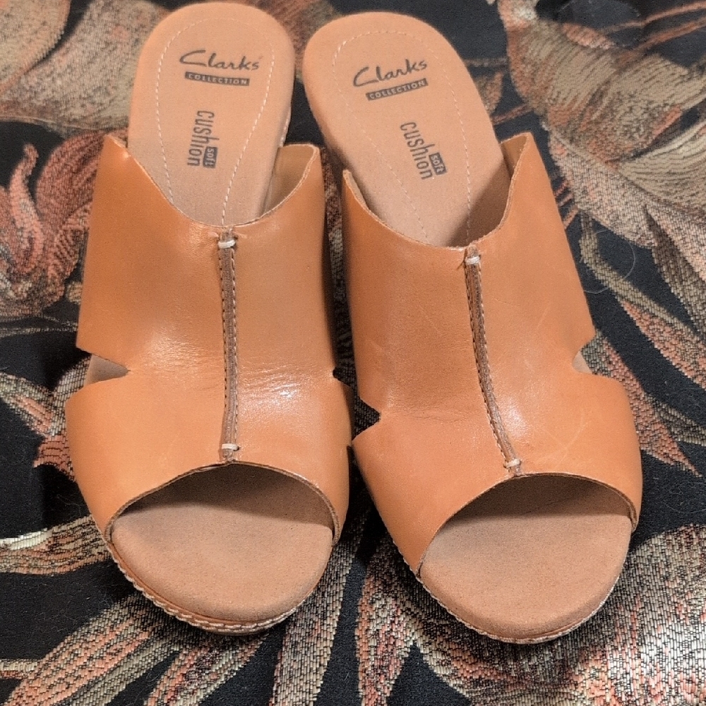 Clarks Tan Leather Mules with Seam Detail